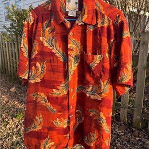 100 % silk Men's Orange Tropical Leaf Short-Sleeve Button-Down Shirt